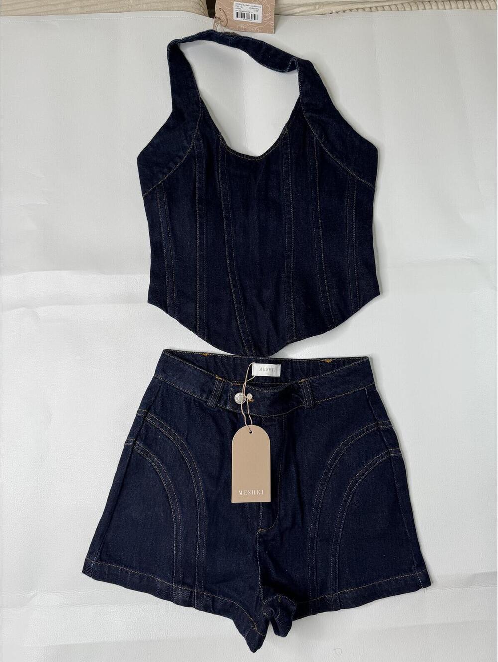 Meshki Dark Blue Denim Corset Top & Shorts Set